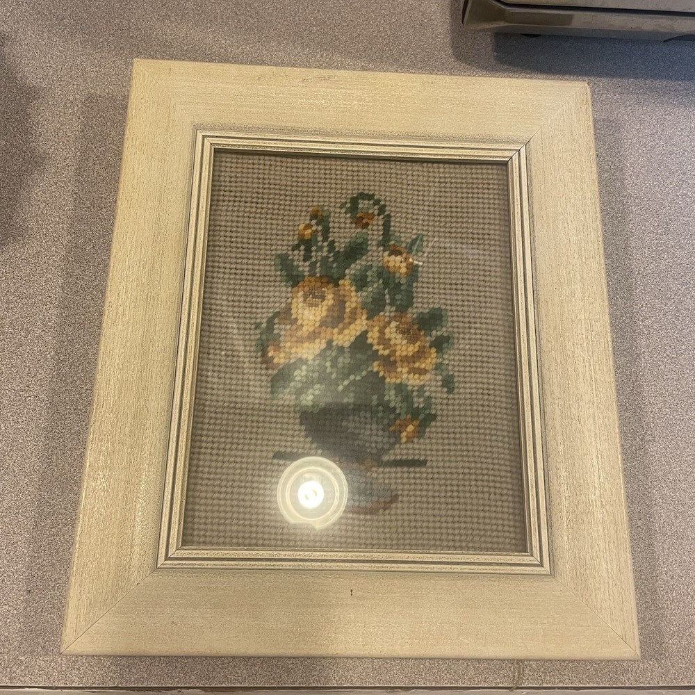 Vintage 70s Wood Framed Floral Rose Bouquet Needlepoint Art Cottage Core 8.5x10"
